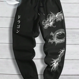 Erkek Bol Bağcıklı Jogger Pantolon Japon Karakterleri ve Ejderha Desenli