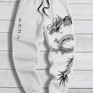 Erkek Bol Bağcıklı Jogger Pantolon Japon Karakterleri ve Ejderha Desenli