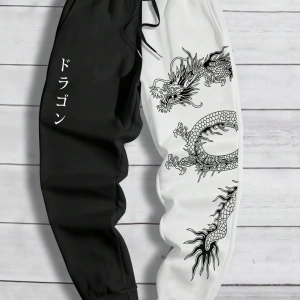 Erkek Bol Bağcıklı Jogger Pantolon Japon Karakterleri ve Ejderha Desenli