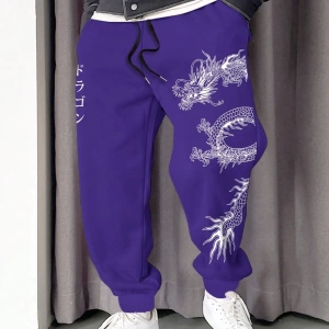 Erkek Bol Bağcıklı Jogger Pantolon Japon Karakterleri ve Ejderha Desenli