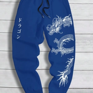 Erkek Bol Bağcıklı Jogger Pantolon Japon Karakterleri ve Ejderha Desenli