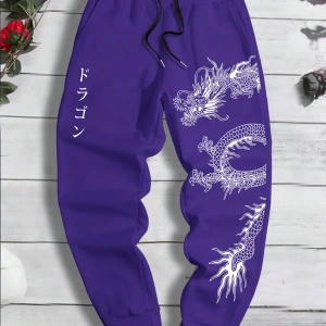 Erkek Bol Bağcıklı Jogger Pantolon Japon Karakterleri ve Ejderha Desenli