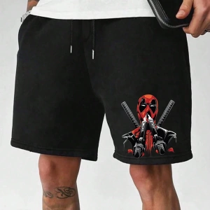 Erkek Bol Deadpool Gun & Smoke Baskılı Günlük Spor Şortları, Yaz