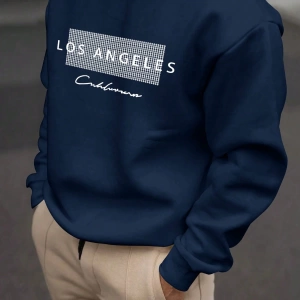Erkek Bol Kesim Geometrik Baskılı Yuvarlak Yaka Günlük Sweatshirt, İlkbahar ve Sonbahar