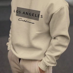 Erkek Bol Kesim Geometrik Baskılı Yuvarlak Yaka Günlük Sweatshirt, İlkbahar ve Sonbahar