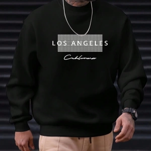 Erkek Bol Kesim Geometrik Baskılı Yuvarlak Yaka Günlük Sweatshirt, İlkbahar ve Sonbahar
