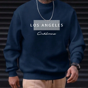 Erkek Bol Kesim Geometrik Baskılı Yuvarlak Yaka Günlük Sweatshirt, İlkbahar ve Sonbahar