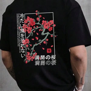 Erkek Bol Kesim Kısa Kollu Tişört Sırtı Çiçek Grafik Baskılı, Japon Tarzı, Dı