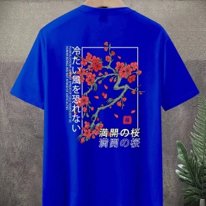 Erkek Bol Kesim Kısa Kollu Tişört Sırtı Çiçek Grafik Baskılı, Japon Tarzı, Dı