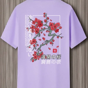 Erkek Bol Kesim Kısa Kollu Tişört Sırtı Çiçek Grafik Baskılı, Japon Tarzı, Dı