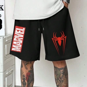 Erkek Bol Kesim Marvel Spider-Man Logo Baskılı Günlük Spor Şort, Yaz