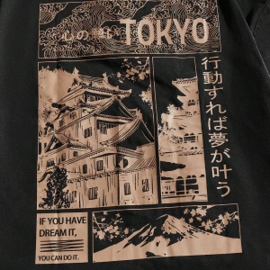 Erkek Bol Mimarlık ve Japon Baskılı Kısa Kollu Tişört