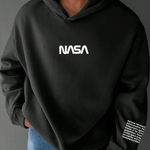 Erkek Büyük Beden Mektup Baskılı Kapüşonlu Sweatshirt, Moda Uzun Kollu Kapüşo