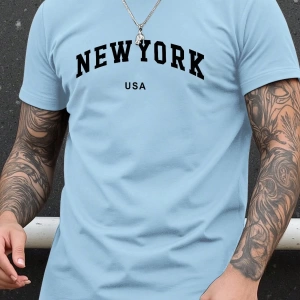 Erkek Büyük Beden New York Mektup Baskılı Yuvarlak Yaka Kısa Kollu Rahat Tişö