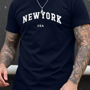 Erkek Büyük Beden New York Mektup Baskılı Yuvarlak Yaka Kısa Kollu Rahat Tişö