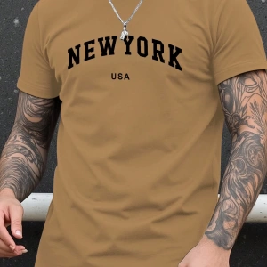 Erkek Büyük Beden New York Mektup Baskılı Yuvarlak Yaka Kısa Kollu Rahat Tişö