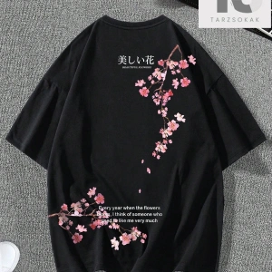 Erkek Çiçek ve Slogan Grafikli Düşük Omuz Tişörtü