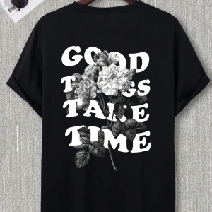 Erkek Çiçekli ve Slogan Grafikli Düşük Omuz Tişört