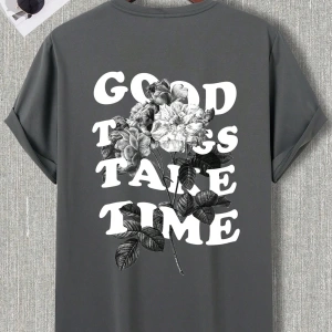 Erkek Çiçekli ve Slogan Grafikli Düşük Omuz Tişört