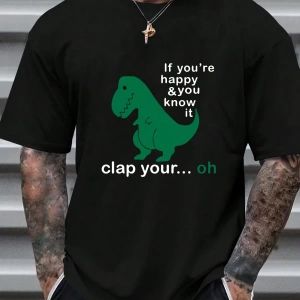Erkek Dinozor Slogan Baskılı Yuvarlak Yaka Günlük Seyahat Tişörtü