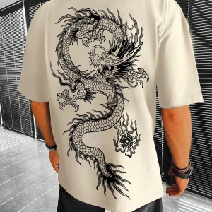 Erkek Dragon Grafik Düşük Omuz Kısa Kollu Tişört, Sokak Giyim, Erkek Arkadaş H