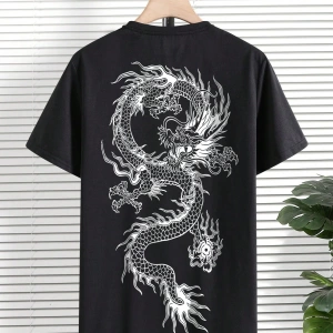 Erkek Dragon Grafik Düşük Omuz Kısa Kollu Tişört, Sokak Giyim, Erkek Arkadaş H