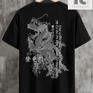 Erkek Ejderha ve Slogan Grafikli Düşük Omuz Tişörtü
