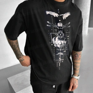 Erkek Ekru Beyaz Da Vinci Sicience Oversize Fit Bol Geniş Kalıp Salaş Kesim