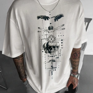 Erkek Ekru Beyaz Da Vinci Sicience Oversize Fit Bol Geniş Kalıp Salaş Kesim