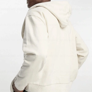 Erkek Ekru Kapüşonlu Fermuarlı 3 Üç İplik Polar Kanguru Oversize Salaş Sweatshirt Beyaz