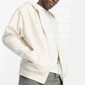 Erkek Ekru Kapüşonlu Fermuarlı 3 Üç İplik Polar Kanguru Oversize Salaş Sweatshirt Beyaz