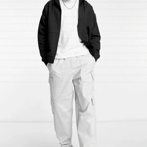 Erkek Ekru Kapüşonlu Fermuarlı 3 Üç İplik Polar Kanguru Oversize Salaş Sweatshirt Beyaz