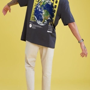 Erkek Gri Earth Sırt Baskılı Oversize T-shirt