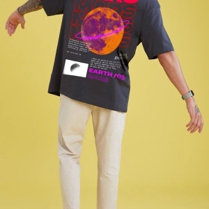 Erkek Gri Mars Sırt Baskılı Oversize T-shirt