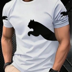 Erkek Günlük Kedi Baskılı Tişört - Kısa Kollu, Yaz Stili, Beyaz, Şık ve Çok Yönlü