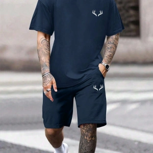 Erkek Günlük Seyahat Kısa Kollu Yuvarlak Yaka Tişört ve Şort Takımı