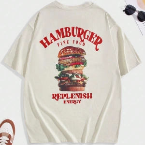 Erkek Hamburger & Harf Grafikli Düşük Omuzlu Büyük Boy Tişört