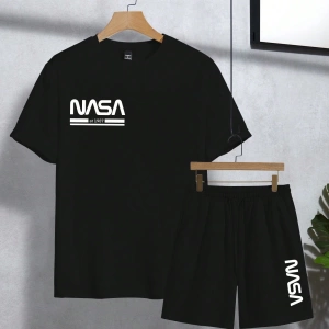 Erkek Harfli Grafik Baskılı Yuvarlak Yaka Kısa Kollu Rahat Tişört Ve Bağcıklı