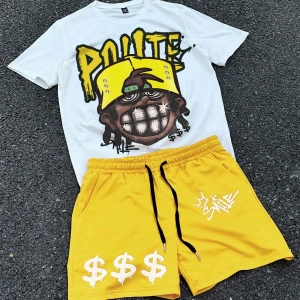 Erkek Hip Hop Karakter Portre Baskılı Tişört Ve Kontrast Renkli Bağcıklı Şort