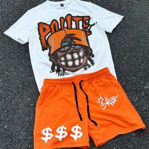 Erkek Hip Hop Karakter Portre Baskılı Tişört Ve Kontrast Renkli Bağcıklı Şort