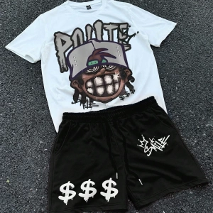 Erkek Hip Hop Karakter Portre Baskılı Tişört Ve Kontrast Renkli Bağcıklı Şort