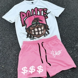 Erkek Hip Hop Karakter Portre Baskılı Tişört Ve Kontrast Renkli Bağcıklı Şort