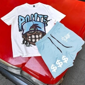 Erkek Hip Hop Karakter Portre Baskılı Tişört Ve Kontrast Renkli Bağcıklı Şort