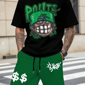Erkek Hip Hop Karakter Portre Baskılı Tişört Ve Kontrast Renkli Bağcıklı Şort
