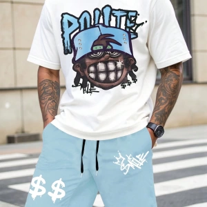 Erkek Hip Hop Karakter Portre Baskılı Tişört Ve Kontrast Renkli Bağcıklı Şort
