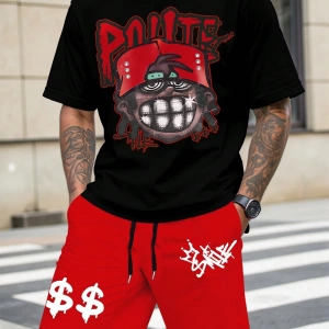 Erkek Hip Hop Karakter Portre Baskılı Tişört Ve Kontrast Renkli Bağcıklı Şort