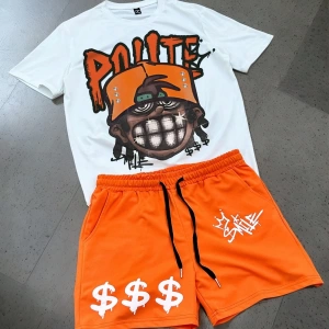Erkek Hip Hop Karakter Portre Baskılı Tişört Ve Kontrast Renkli Bağcıklı Şort