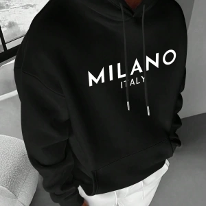 Erkek İtalyan Yaratıcı Baskılı Günlük Çok Yönlü Harfli Kapşonlu Sweatshirt Termal Astarlı