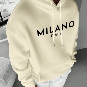 Erkek İtalyan Yaratıcı Baskılı Günlük Çok Yönlü Harfli Kapşonlu Sweatshirt Termal Astarlı