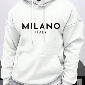 Erkek İtalyan Yaratıcı Baskılı Günlük Çok Yönlü Harfli Kapşonlu Sweatshirt Termal Astarlı